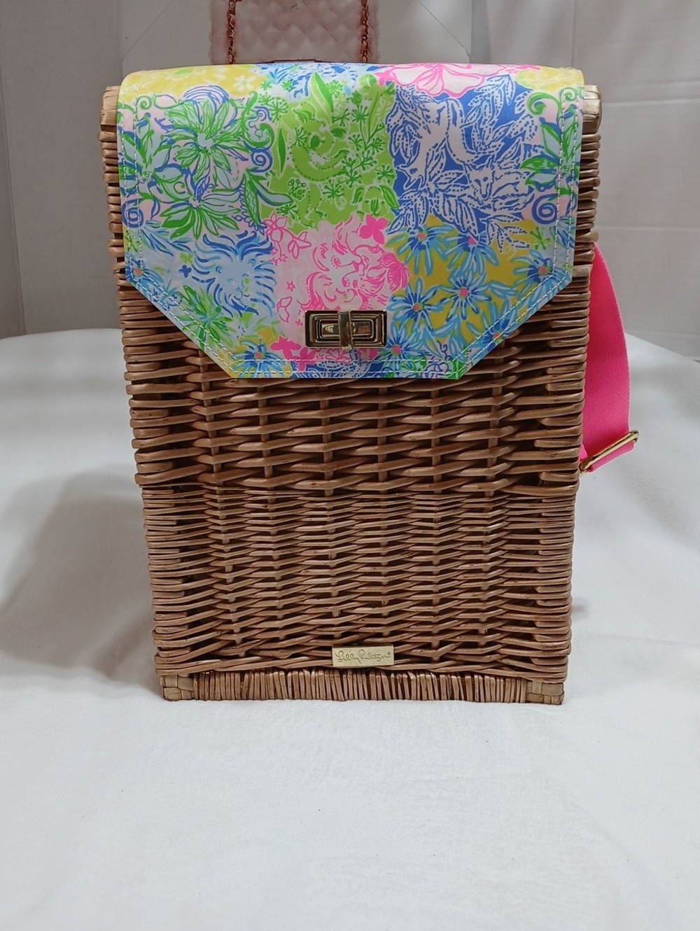Lilly Pulitzer Wicker Wine Crossbody Bag with Multi-Color Floral Flap